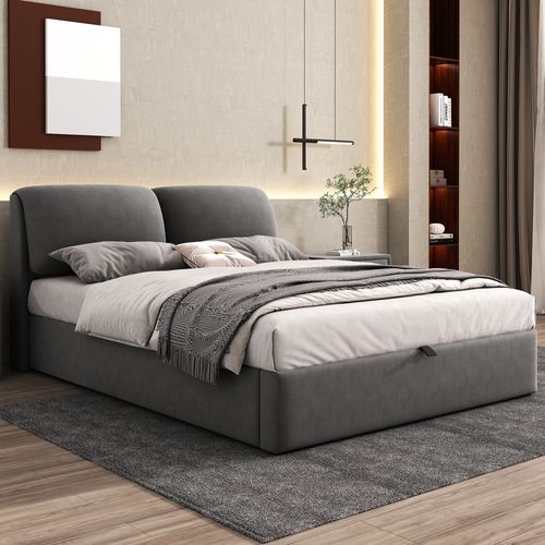 Lit Coffre 140x190 cm, Lit Adulte Avec 3 Tiroirs, En Velours, Gris