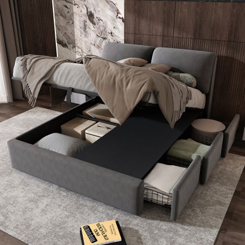 Lit Coffre 140x190 cm, Lit Adulte Avec 3 Tiroirs, En Velours, Gris