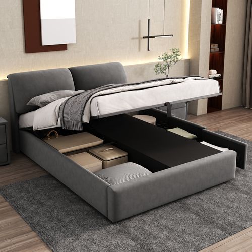 Lit Coffre 140x190 cm, Lit Adulte Avec 3 Tiroirs, En Velours, Gris