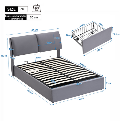 Lit Coffre 140x190 cm, Lit Adulte Avec 3 Tiroirs, En Velours, Gris
