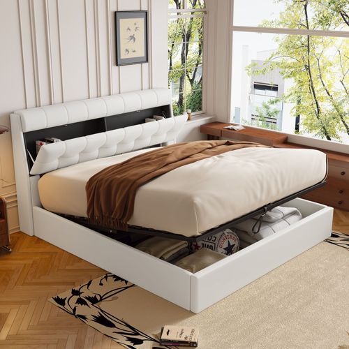 Lit Coffre Adulte 140x190 Cm, Rangement, Tête De Lit Et Sommier à Lattes, Pu Blanc