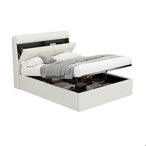 Lit Coffre Adulte 140x190 Cm, Rangement, Tête De Lit Et Sommier à Lattes, Pu Blanc