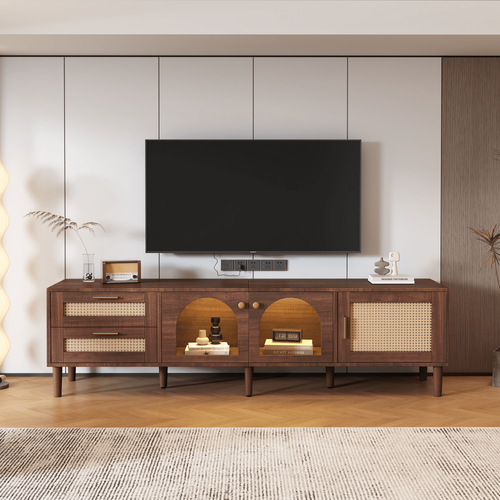 Meuble TV Moderne 180 Cm Avec 2 Tiroirs Et 3 Portes En Rotin Et Verre, Espace De Rangement, Marron