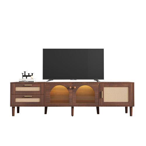 Meuble TV Moderne 180 Cm Avec 2 Tiroirs Et 3 Portes En Rotin Et Verre, Espace De Rangement, Marron