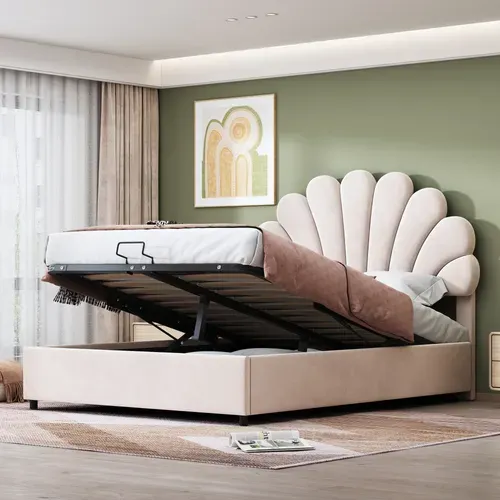 Lit Coffre 140x200 Cm, Tête Fleurie Réglable, Espace De Rangement Hydraulique, Velours Beige