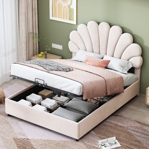 Lit Coffre 140x200 Cm, Tête Fleurie Réglable, Espace De Rangement Hydraulique, Velours Beige