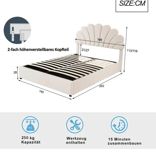 Lit Coffre 140x200 Cm, Tête Fleurie Réglable, Espace De Rangement Hydraulique, Velours Beige