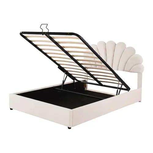 Lit Coffre 140x200 Cm, Tête Fleurie Réglable, Espace De Rangement Hydraulique, Velours Beige