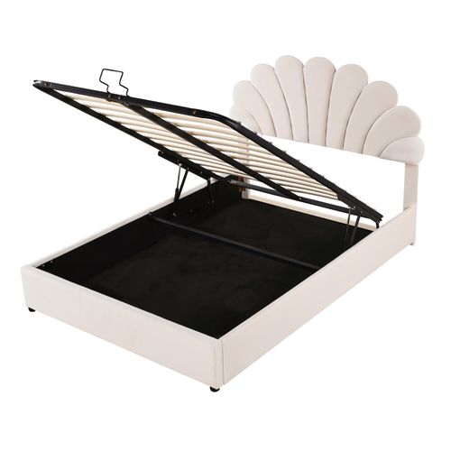 Lit Coffre 140x200 Cm, Tête Fleurie Réglable, Espace De Rangement Hydraulique, Velours Beige