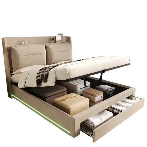 Lit Coffre Adulte 180x200 Cm Beige,led, Hydraulique, Avec Tiroirs De Rangement, Velours