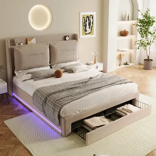 Lit Coffre Adulte 180x200 Cm Beige,led, Hydraulique, Avec Tiroirs De Rangement, Velours