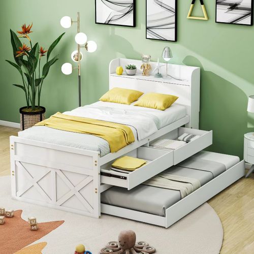 Lit Enfant Gigogne 90x190 Cm En Pin Massif, Avec Tiroirs, USB, Blanc