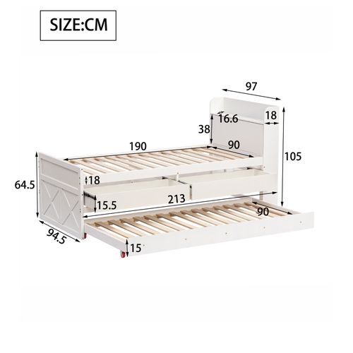 Lit Enfant Gigogne 90x190 Cm En Pin Massif, Avec Tiroirs, USB, Blanc