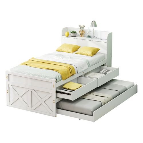 Lit Enfant Gigogne 90x190 Cm En Pin Massif, Avec Tiroirs, USB, Blanc