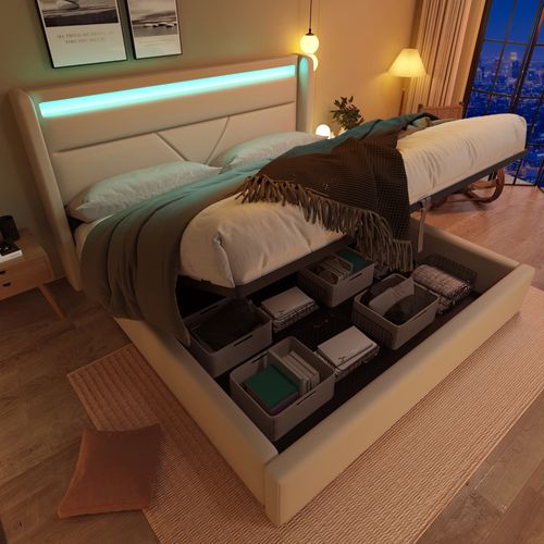 Lit Coffre 160x200 Cm Avec Rangement Hydraulique Et LED - Design Moderne Blanc