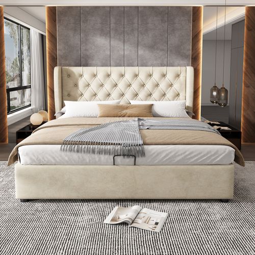 Lit Coffre 140x190 Cm Rembourré En Velours Beige Avec Rangement Hydraulique Et Détails Cuir