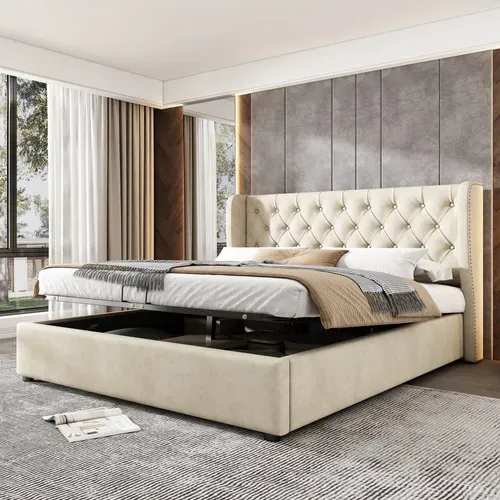 Lit Coffre 140x190 Cm Rembourré En Velours Beige Avec Rangement Hydraulique Et Détails Cuir