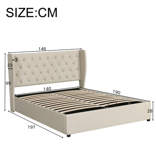 Lit Coffre 140x190 Cm Rembourré En Velours Beige Avec Rangement Hydraulique Et Détails Cuir