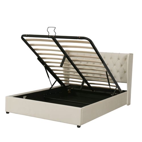 Lit Coffre 140x190 Cm Rembourré En Velours Beige Avec Rangement Hydraulique Et Détails Cuir