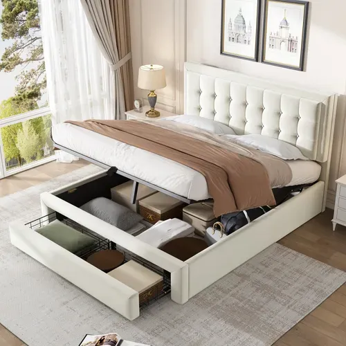 Lit Coffre Adulte 140x190 Avec Tête De Lit, Lit De Rangement, 2 Tiroirs, Tissu Teddy, Beige