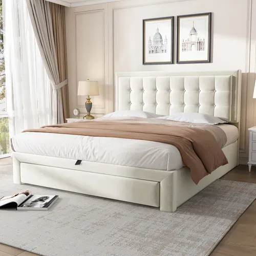 Lit Coffre Adulte 140x190 Avec Tête De Lit, Lit De Rangement, 2 Tiroirs, Tissu Teddy, Beige