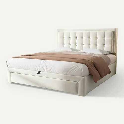 Lit Coffre Adulte 140x190 Avec Tête De Lit, Lit De Rangement, 2 Tiroirs, Tissu Teddy, Beige