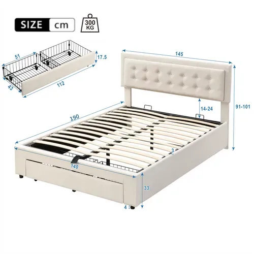 Lit Coffre Adulte 140x190 Avec Tête De Lit, Lit De Rangement, 2 Tiroirs, Tissu Teddy, Beige