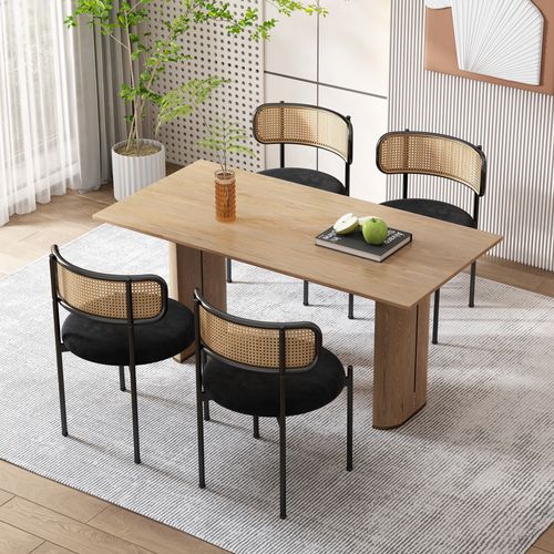 Lot De 4 Chaises Pour Cuisine Et Salon 51x51x75cm, En Velours Et Rotin, Noire