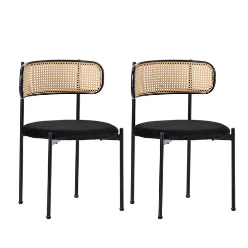 Lot De 4 Chaises Pour Cuisine Et Salon 51x51x75cm, En Velours Et Rotin, Noire