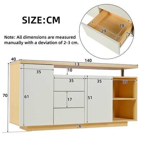 Buffet 140x40x70cm, 2 Portes, 3 Tiroirs, Avec Éclairage LED, Blanc + Couleur Bois