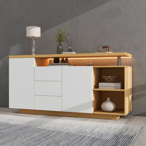 Buffet 140x40x70cm, 2 Portes, 3 Tiroirs, Avec Éclairage LED, Blanc + Couleur Bois