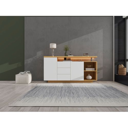 Buffet 140x40x70cm, 2 Portes, 3 Tiroirs, Avec Éclairage LED, Blanc + Couleur Bois