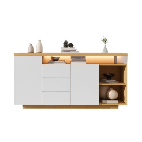 Buffet 140x40x70cm, 2 Portes, 3 Tiroirs, Avec Éclairage LED, Blanc + Couleur Bois