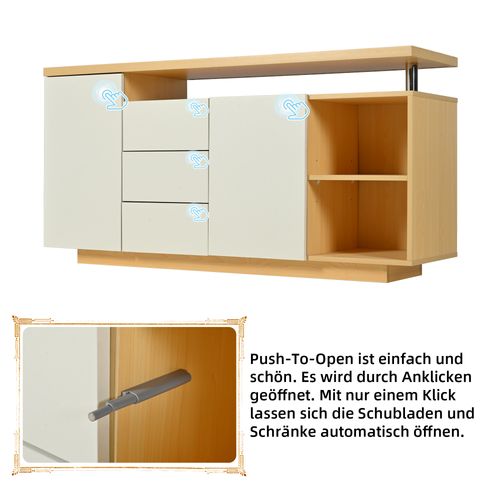 Buffet 140x40x70cm, 2 Portes, 3 Tiroirs, Avec Éclairage LED, Blanc + Couleur Bois