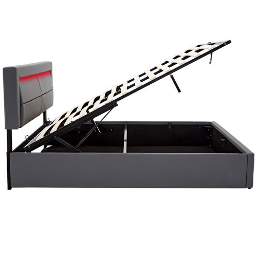 Lit Double Avec Ports USB Lit Coffre 160x200 Evaolph Avec LED Et Rangement - Sommier Lattes - Prises USB/Type-C - Noir Lit 200x200