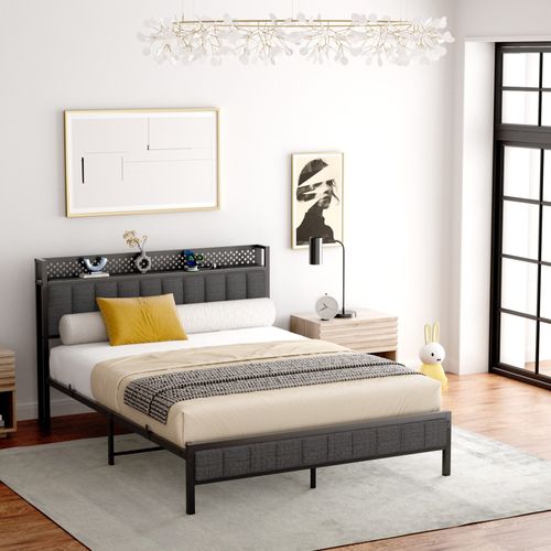 Lit Adulte 140x200 Cm En Métal, Cadre De Lit Noir Avec Sommier à Lattes, Ports USB Intégrés