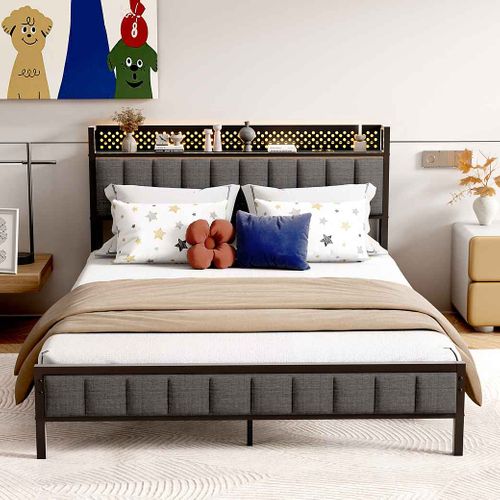 Lit Adulte 140x200 Cm En Métal, Cadre De Lit Noir Avec Sommier à Lattes, Ports USB Intégrés