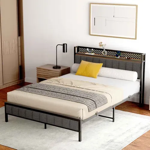 Lit Adulte 140x200 Cm En Métal, Cadre De Lit Noir Avec Sommier à Lattes, Ports USB Intégrés