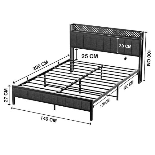 Lit Adulte 140x200 Cm En Métal, Cadre De Lit Noir Avec Sommier à Lattes, Ports USB Intégrés