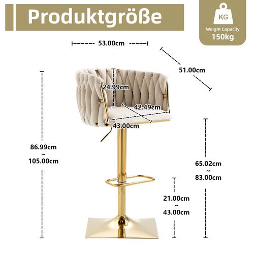 Tabouret De Bar Vintage En Velours, Lot De 2, 53x51x87cm, Pivotant à 360°, Hauteur Réglable, Ivoire