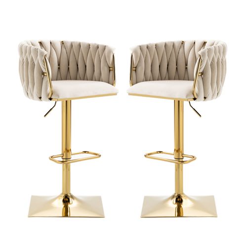 Tabouret De Bar Vintage En Velours, Lot De 2, 53x51x87cm, Pivotant à 360°, Hauteur Réglable, Ivoire