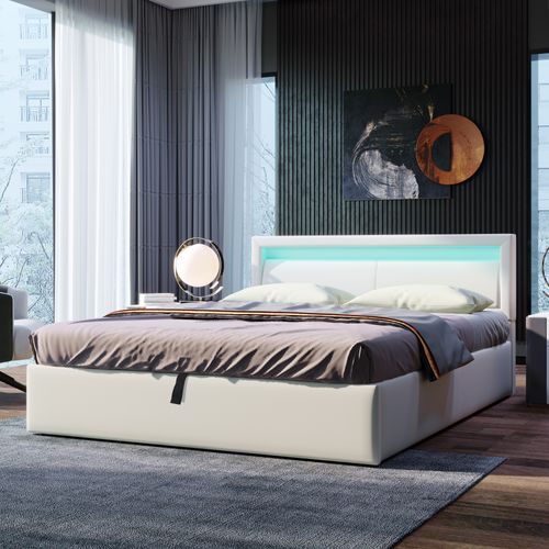 Lit Coffre 140x190 Cm Avec LED, Coffre De Rangement Et Tête De Lit Rembourrée, Blanc, Simili Cuir
