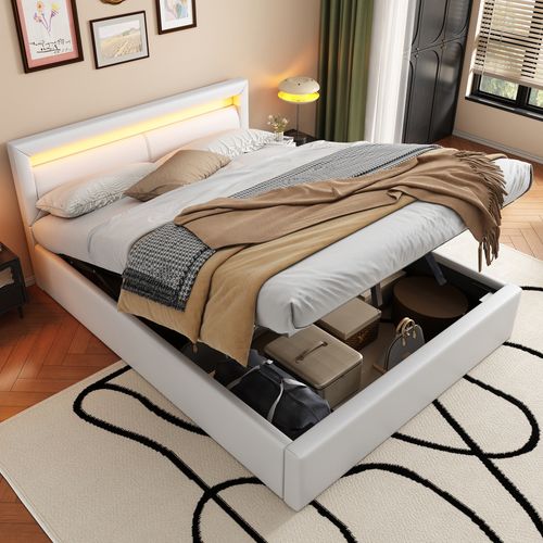 Lit Coffre 140x190 Cm Avec LED, Coffre De Rangement Et Tête De Lit Rembourrée, Blanc, Simili Cuir