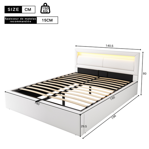 Lit Coffre 140x190 Cm Avec LED, Coffre De Rangement Et Tête De Lit Rembourrée, Blanc, Simili Cuir