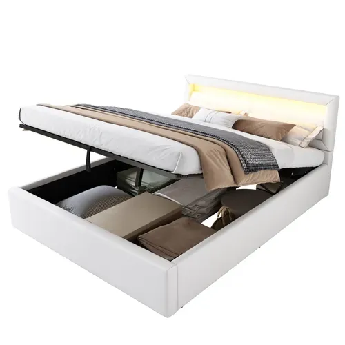 Lit Coffre 140x190 Cm Avec LED, Coffre De Rangement Et Tête De Lit Rembourrée, Blanc, Simili Cuir