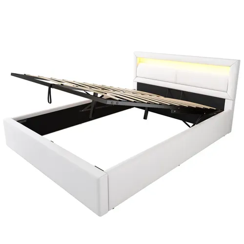 Lit Coffre 140x190 Cm Avec LED, Coffre De Rangement Et Tête De Lit Rembourrée, Blanc, Simili Cuir
