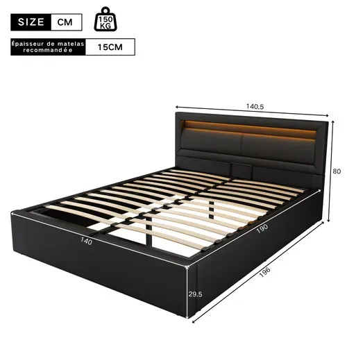 Lit Coffre 140x190 Cm Avec LED, Coffre De Rangement Et Tête De Lit Rembourrée, Noir, Simili Cuir