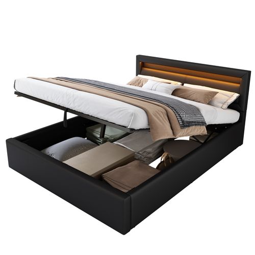 Lit Coffre 140x190 Cm Avec LED, Coffre De Rangement Et Tête De Lit Rembourrée, Noir, Simili Cuir