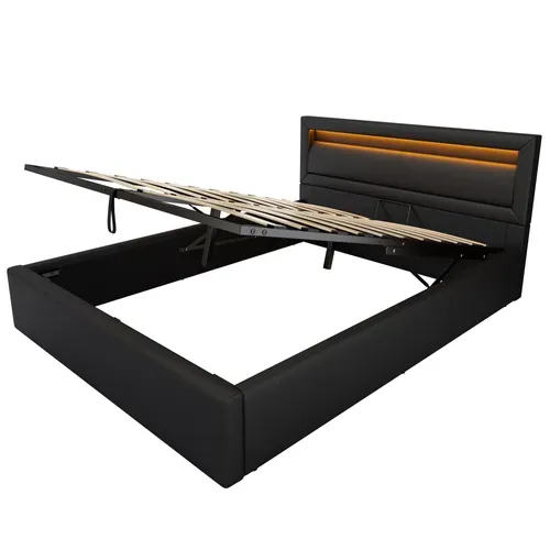 Lit Coffre 140x190 Cm Avec LED, Coffre De Rangement Et Tête De Lit Rembourrée, Noir, Simili Cuir