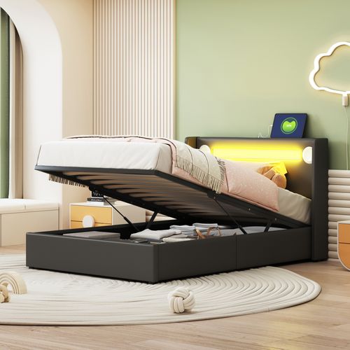 Lit Enfant 90x200 Avec LED, Haut-parleur Bluetooth, USB Et Coffre De Rangement – Pu Cuir Noir